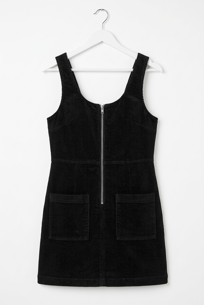 Black corduroy pinafore mini dress UK 6 – front view, white background