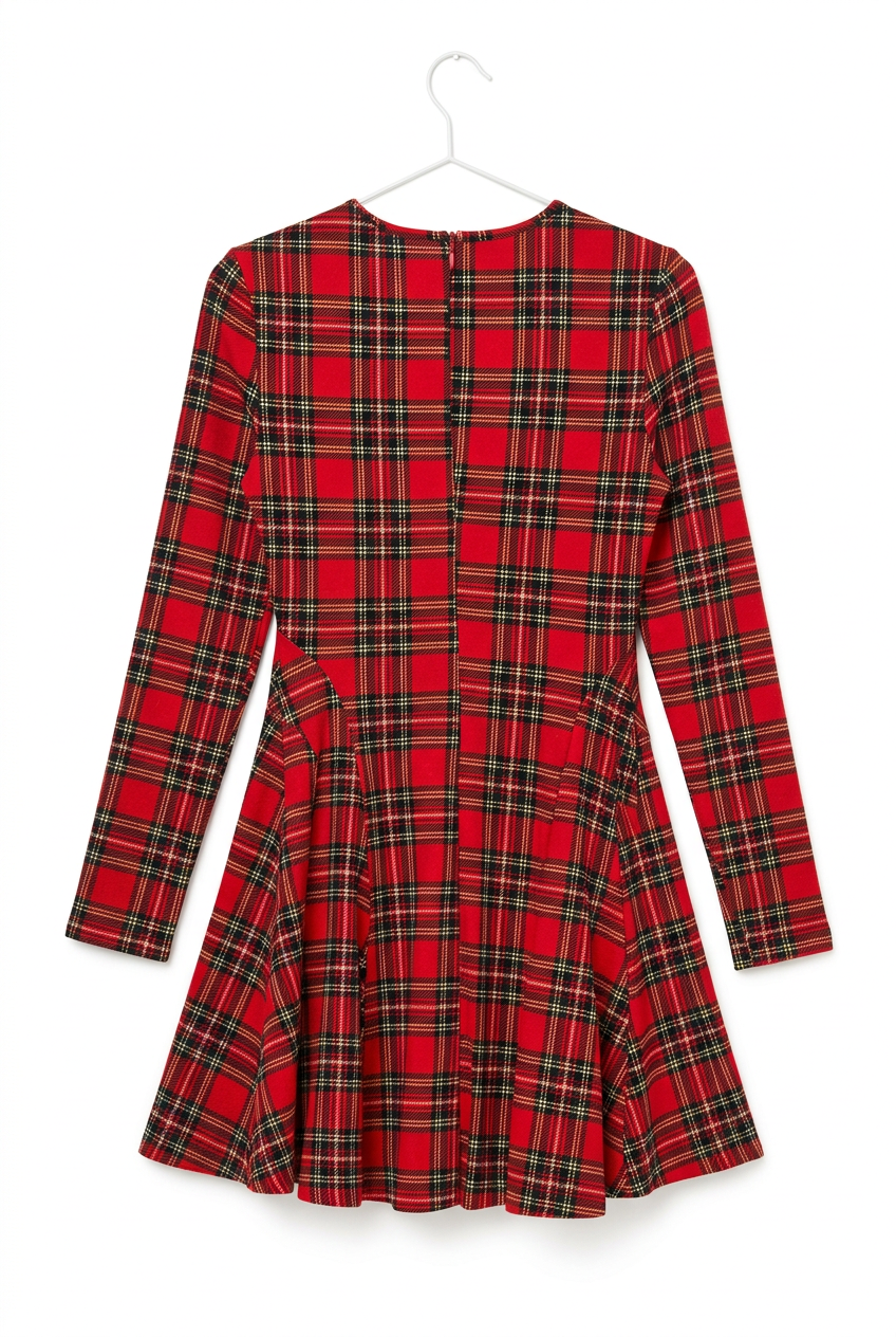 Red tartan skater dress – back view showing zip, white background